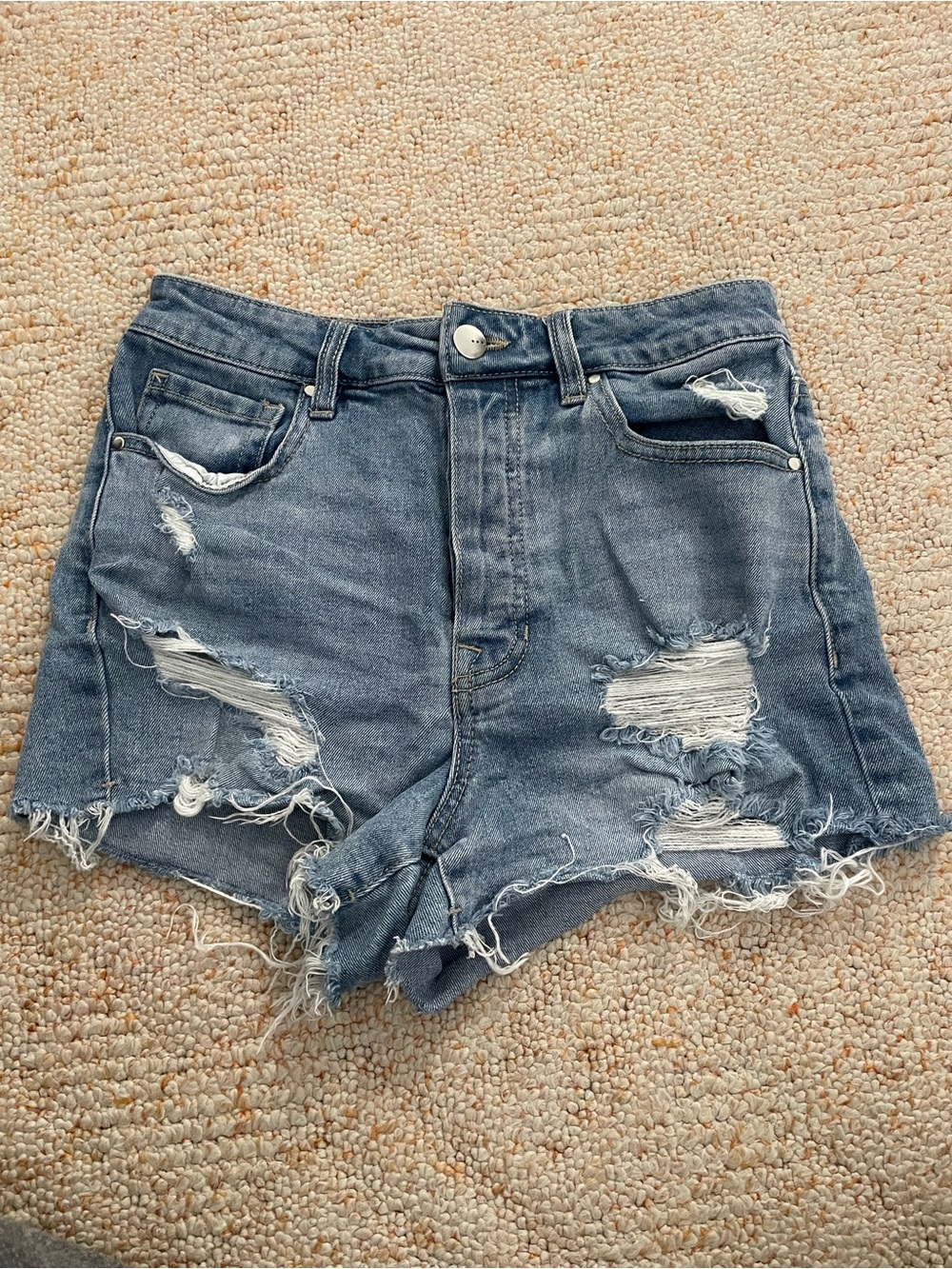 High-Waist Distressed Denim Shorts - Blue